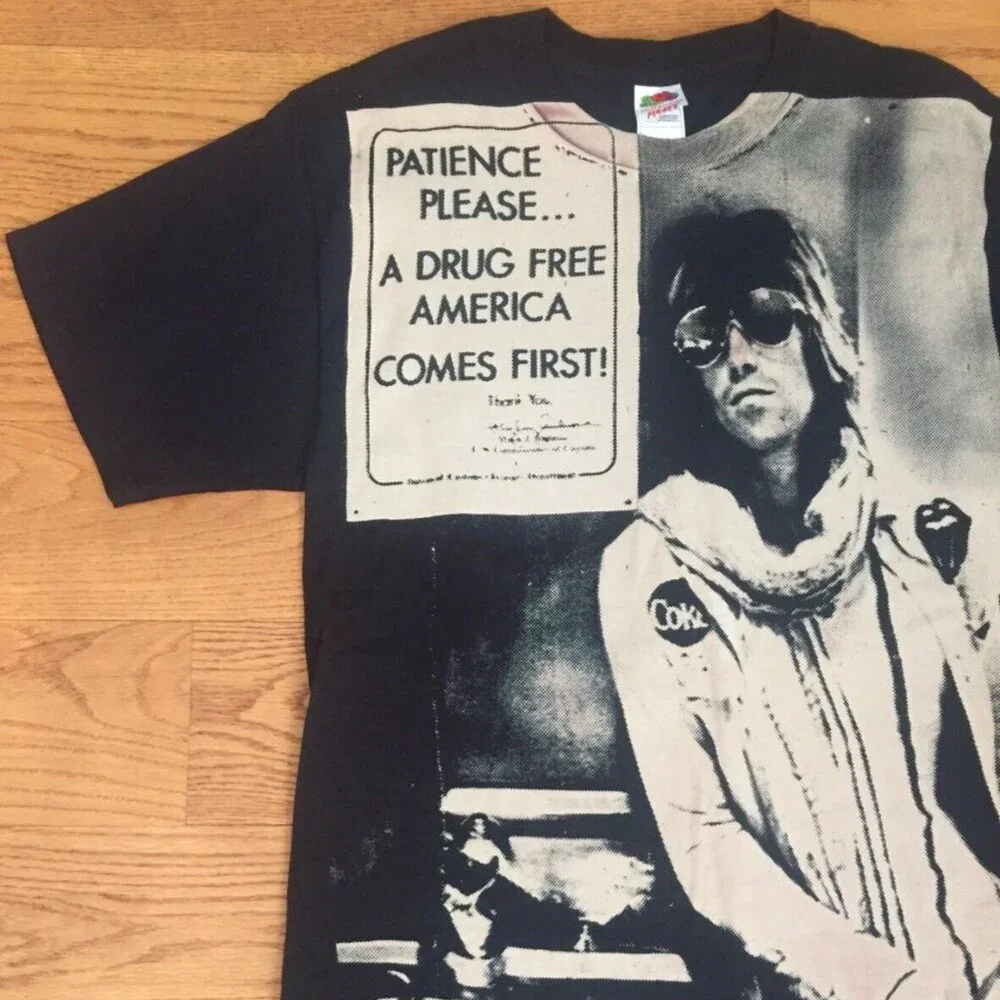 VINTAGE KEITH RICHARDS 70s ROLLING STONES TOUR PHOTO DRUG FREE AMERICA T SHIRT L